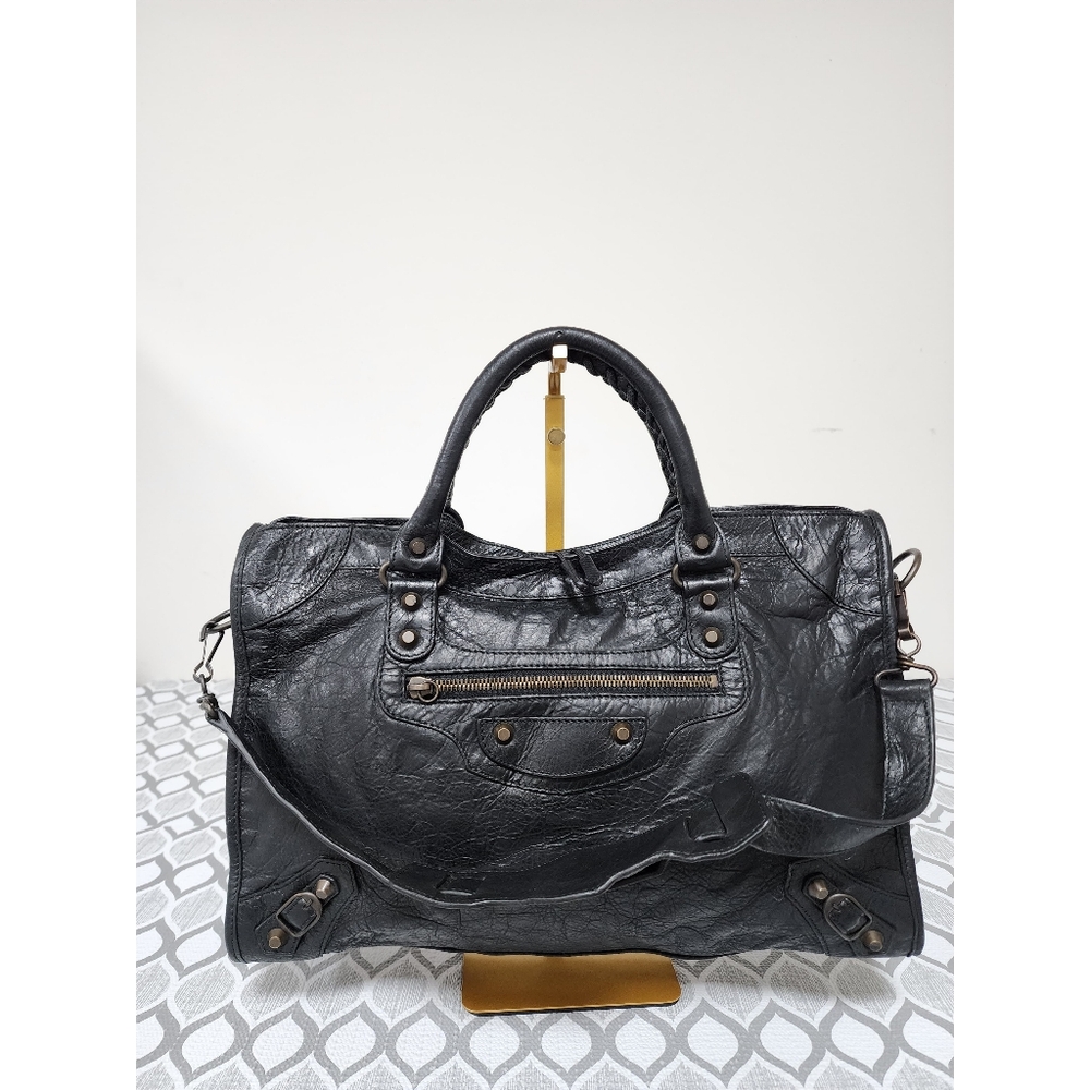 BALENCIAGA Anthracite Lambskin Leather Motorcycle Part Time Satchel Bag Black - Picture 7 of 15